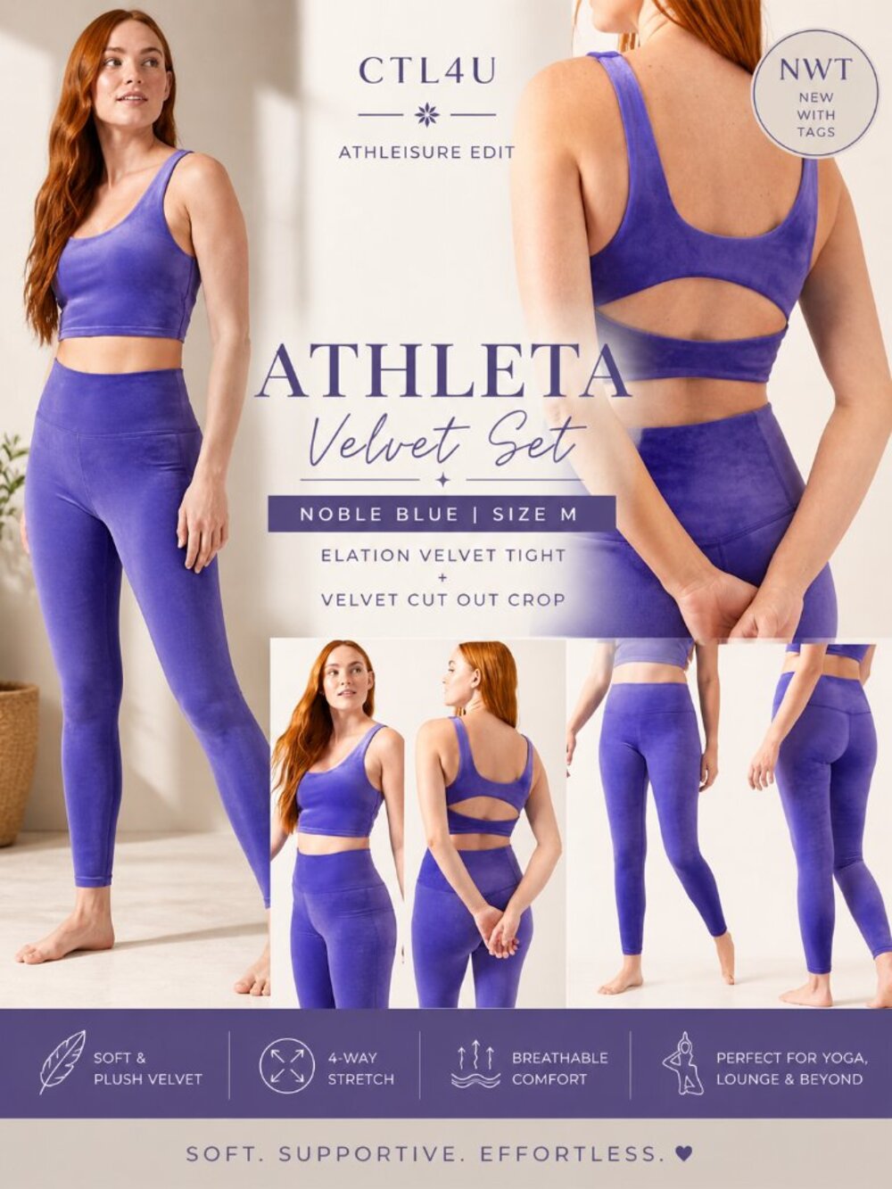 NWT Athleta Velvet Set Noble Blue Elation Tight And Cutout Crop Set Size M